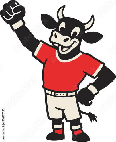 Strong Bull mascot character in red shirt . 