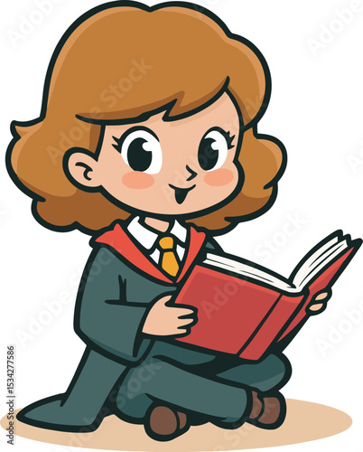 Cute beautiful Girl holding red book while sitting. 