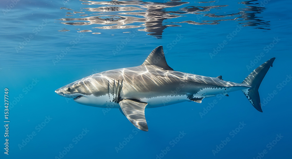 Fototapeta premium Majestic Great White Shark Underwater A Stunning Ocean Predator Photograph