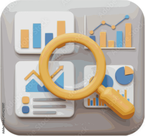 3D search content PNG icon isolated on transparent background – magnifying glass, blog, and news blocks for SEO and content discovery.	