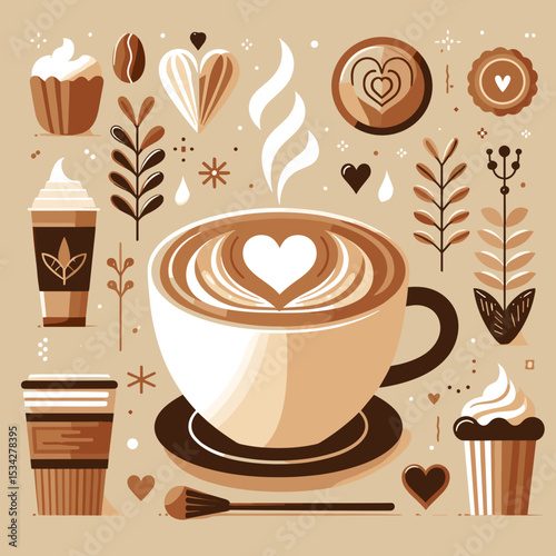 Stylish coffee cup with heart-shaped latte art surrounded by coffee elements and decorative items