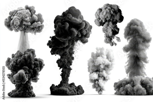 Artistic smoke plumes, intricate swirling patterns in abstract motion isolated on white background