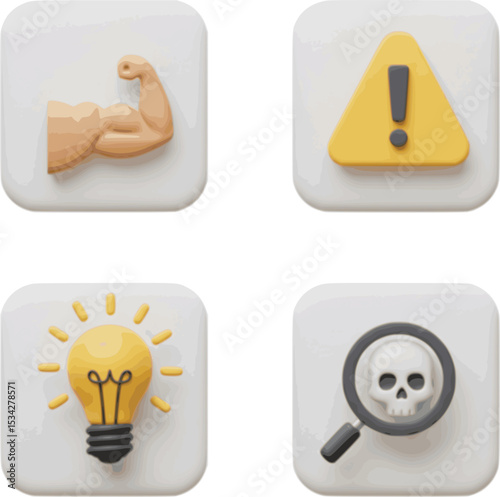 3D UI icon tiles with muscle arm, exclamation, lightbulb, and skull under magnifying glass — symbolizing SWOT analysis.
