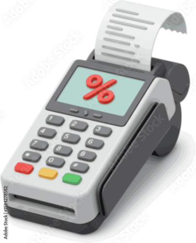 3D point-of-sale device with receipt showing percent sign — for retail, checkout, discounts, or small business.	