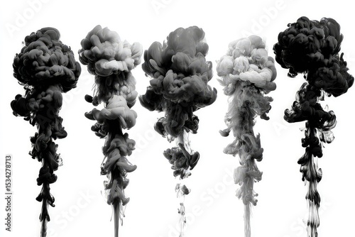 Artistic smoke plumes, intricate swirling patterns in abstract motion isolated on white background