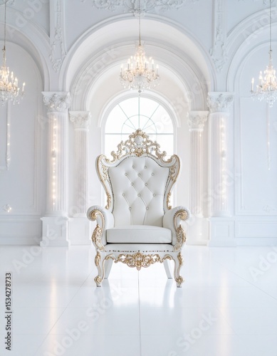 Ornate white and gold throne chair in a bright white room with chandeliers and arched windows view