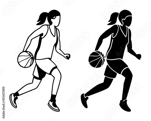 Running Woman Basketball Player Silhouette Vector | Dynamic Female Athlete Dribbling Ball Action