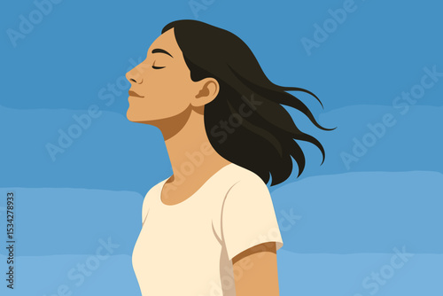 Woman in wind with eyes closed representing mindfulness and mental health calm