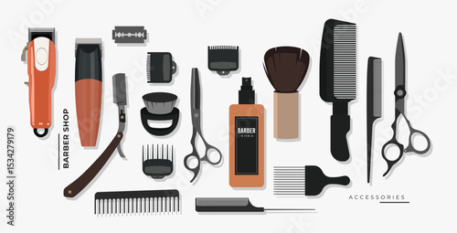 Vector illustration of modern barber tools including clipper, combs, scissors, razor, brush, and grooming products. Perfect for salon branding, barbershop decor, and hair styling themes