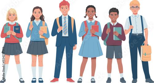 Group of diverse school children in uniform with backpacks and books, smiling students standing together, back to school education
