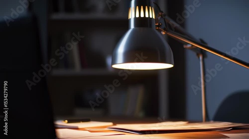 Cozy study space with desk lamp illuminating books and documents at night