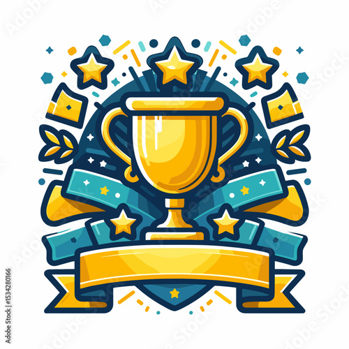 Shiny trophy surrounded by colorful stars and ribbons symbolizing achievement and success
