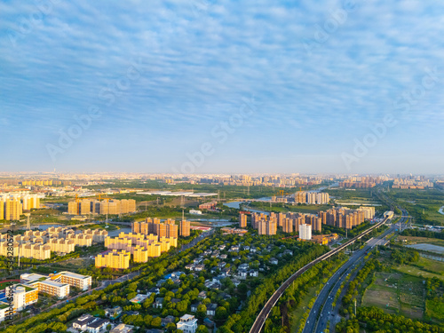 aerial view of urban scenery in the suburbs at sunset, Shanghai.