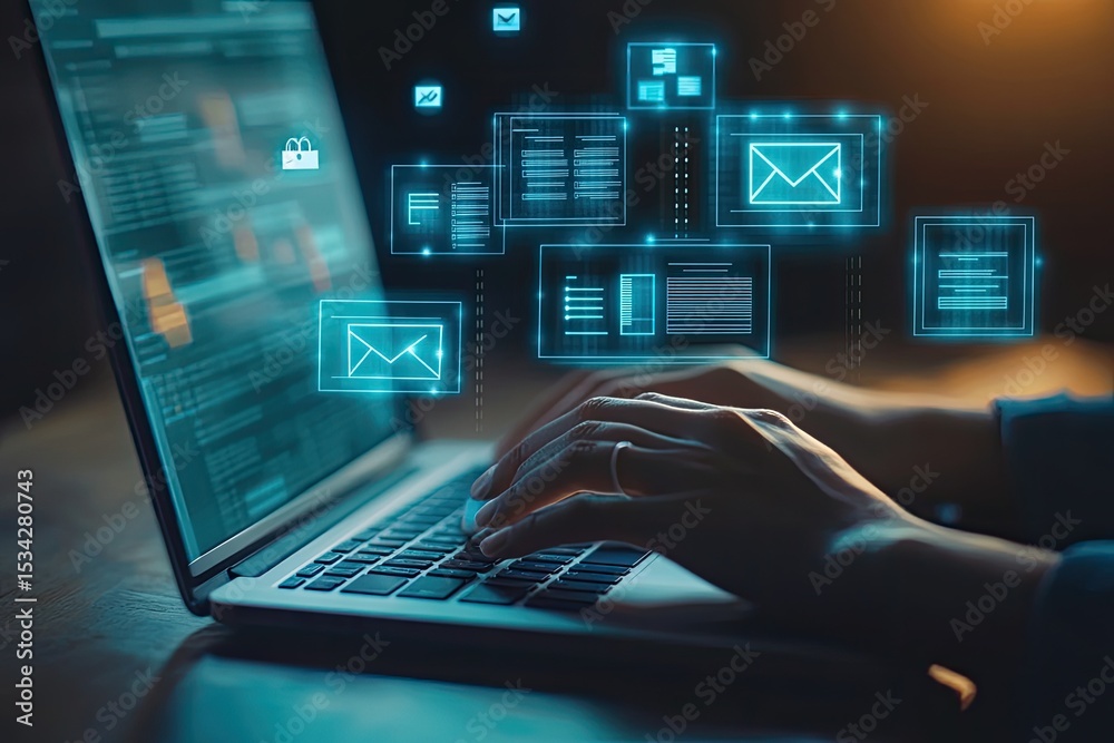 Obraz premium Person typing on a laptop with digital interface elements