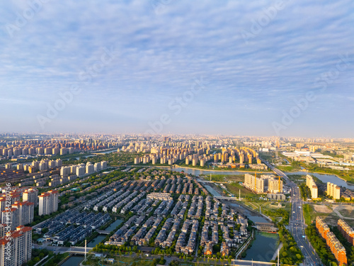 aerial view of urban scenery in the suburbs at sunset, Shanghai.