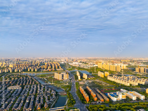 aerial view of urban scenery in the suburbs at sunset, Shanghai.