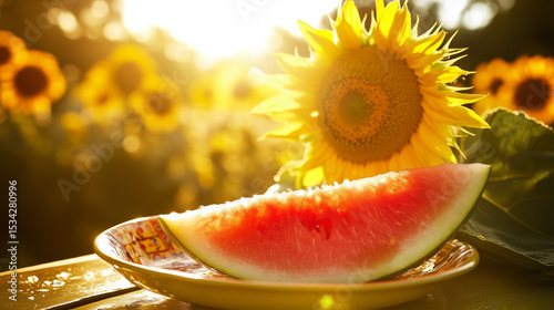 Juicy watermelon slice on a plate with dewdrops, sunlit warmth and sunflower fields. Summer freshness and vibrant joy.