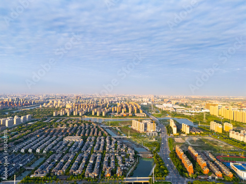 aerial view of urban scenery in the suburbs at sunset, Shanghai.