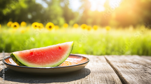 Juicy watermelon slice on a plate with dewdrops, sunlit warmth and sunflower fields. Summer freshness and vibrant joy.