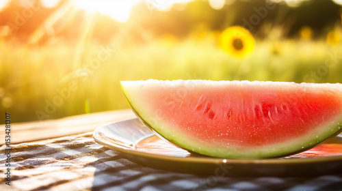 Juicy watermelon slice on a plate with dewdrops, sunlit warmth and sunflower fields. Summer freshness and vibrant joy.