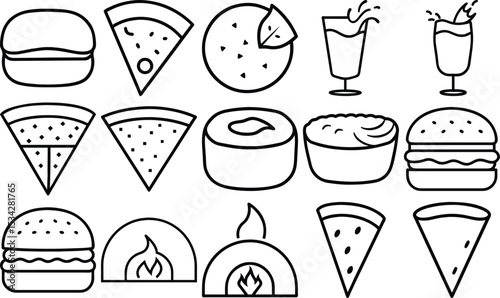 Outline Icons of Fast Food including Burgers, Pizza, and Milkshakes