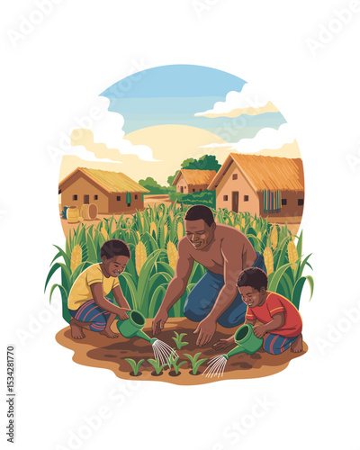 African family farming together: Father and sons irrigating crops in a corn field.