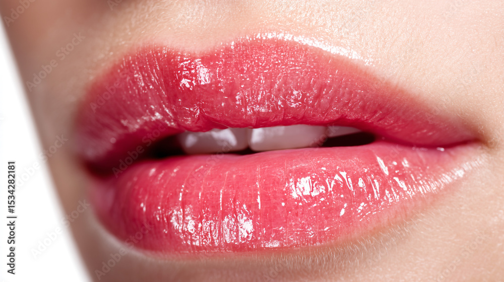 Fototapeta premium A close up shot of a woman's lips with glossy pink lipstick and a glimpse of her white teeth showing