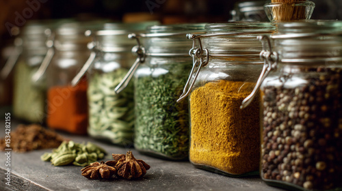 Fototapeta Naklejka Na Ścianę i Meble -  Close up of glass jars filled with various spices and herbs on a kitchen counter top surface view