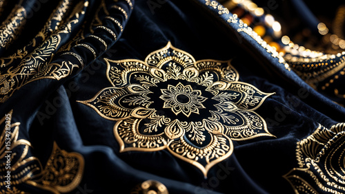 Embossed golden mandala pattern with fine, ornate detail, creating a rich and elegant sacred design.