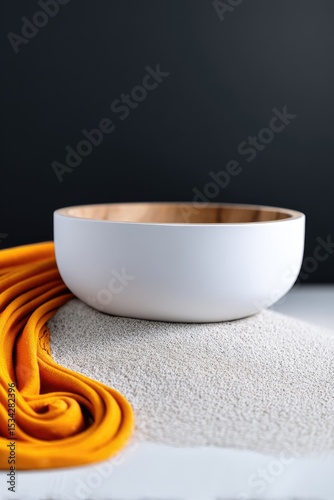 White Matte Pottery Bowl on Sand with Yellow Fabric
