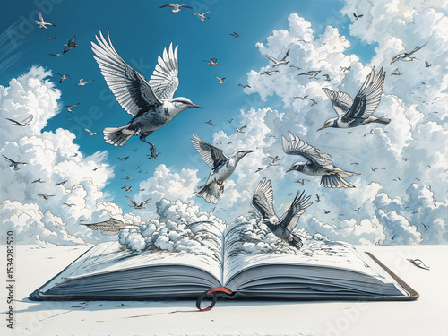 Surreal ink-style birds in flight, blending imagination and fantasy in a vivid, artistic dreamscape.