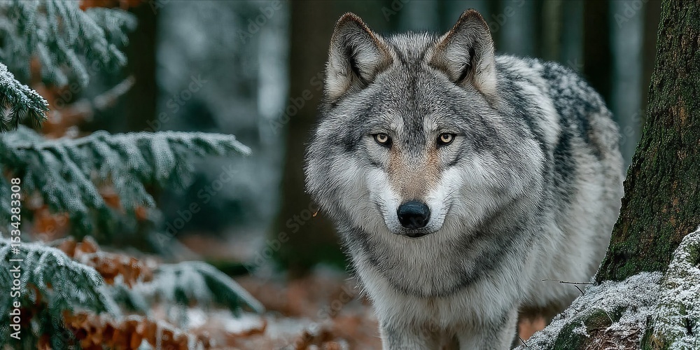 Fototapeta premium Timber Wolf Stares in Snowy Woods
