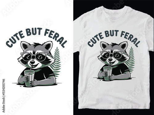 Cute But Feral Raccoon Drinking - Humorous Animal T-Shirt Design Vector