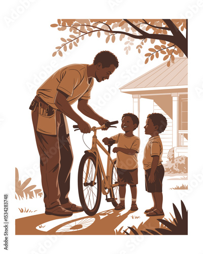 Father Showing Two Young Sons How to Ride Bike in Front of House
