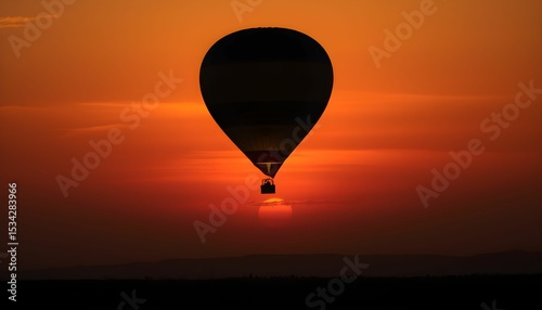 Silhouetted hot air balloon ascends during a vibrant sunset, casting a dramatic shadow against the fiery sky.