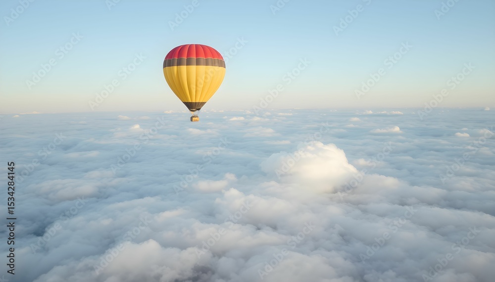 Fototapeta premium Colorful hot air balloon soaring above a vast expanse of fluffy clouds.