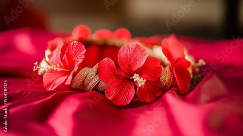 Vibrant hibiscus wreath with golden accents on red silk, celebrating Malaysia's National Day with festive elegance.