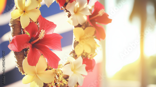 Vibrant hibiscus wreath with golden accents on red silk, celebrating Malaysia's National Day with festive elegance.