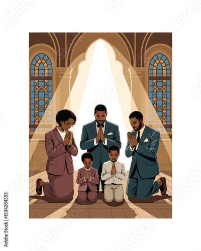 African American Family Praying Together in Church Under Holy Light Illustration