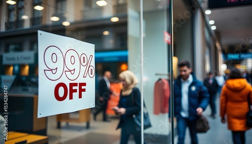 Wallpaper Mural Massive 99% off sale sign displayed in a bustling city shop window, attracting shoppers. Torontodigital.ca