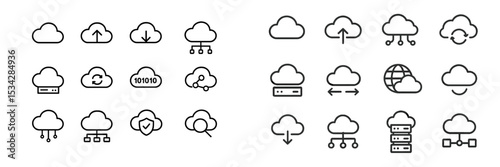 Cloud computing vector flat illustration featuring various cloud icons and symbols for digital storage and data transfer