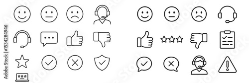 Vector flat illustration displaying various communication and feedback icons commonly used in customer service environments