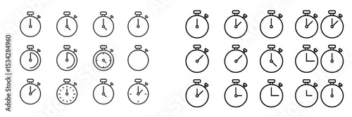 Diverse stopwatch designs showcasing different timings and styles in a vector flat illustration format