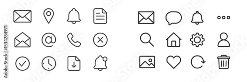 Vector flat illustration of various icons representing communication, organization, and user interaction tools displayed in a grid layout