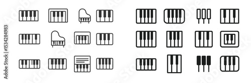 Collection of various piano icons and illustrations in a flat vector style showcasing different keyboard designs