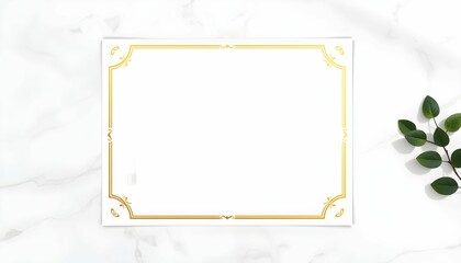 Elegant gold-framed blank invitation card on marble background with eucalyptus sprig.