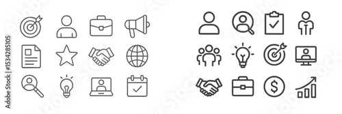 Vector flat illustration depicting various business icons representing teamwork, strategy, and success in a corporate environment