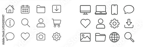 Vector flat illustration of various icons representing online activities and user experiences in a modern digital environment
