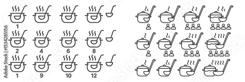 Cooking pots prepare delicious meals with steam rising in a vector flat style illustration showcasing various dishes