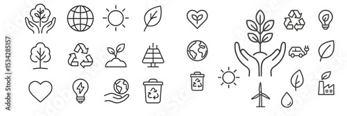 Vector flat illustration depicting various concepts of environmental sustainability and nature conservation efforts through symbols
